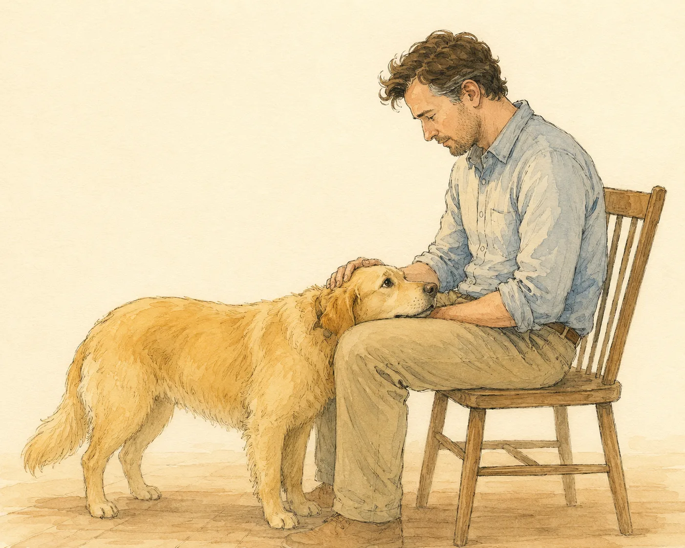 Interior spread: a father sits in a kitchen chair with an adult golden retriever resting against his leg, his hand on her head