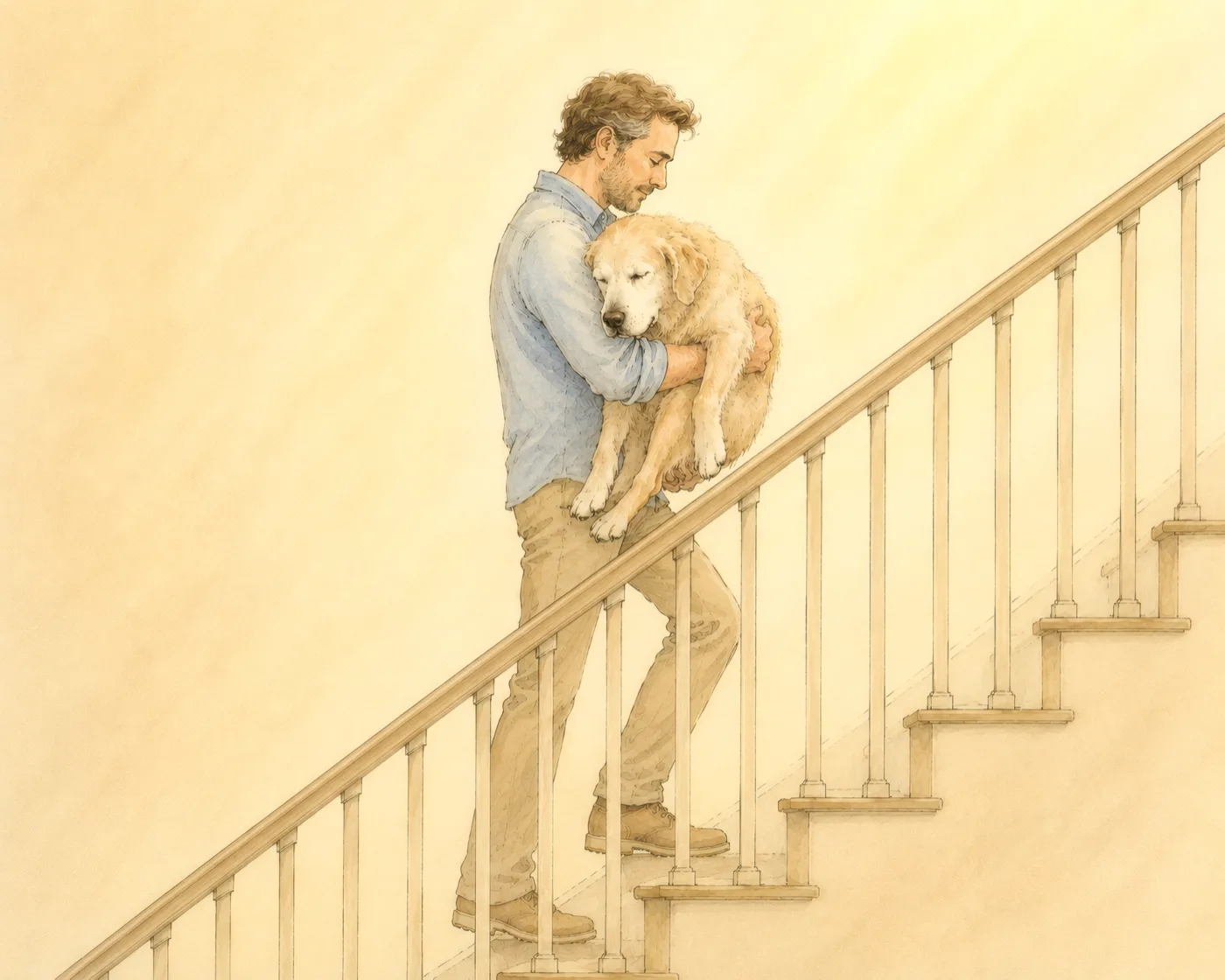 Interior spread: a father carries an aging Penny down a staircase